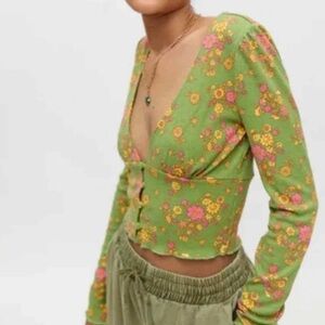 Urban Outfitters |Ruby Button Up Crop Top Green Floral Groovy Retro Large